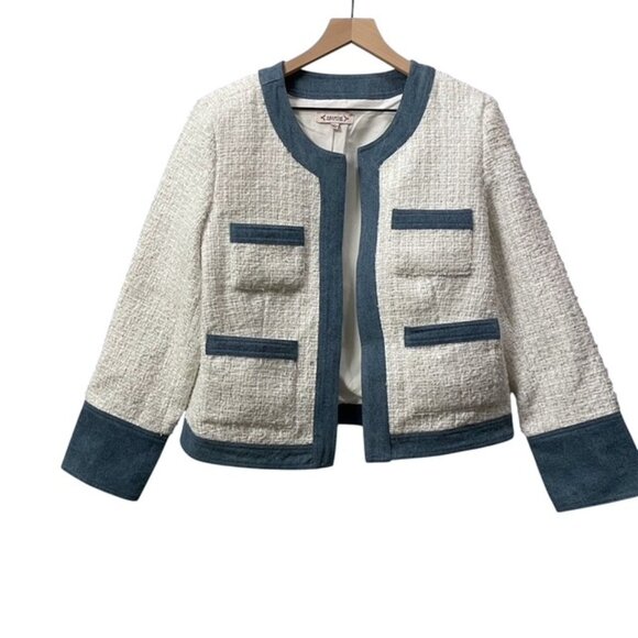 NWT Nanette Lepore Boucle Tweed Denim Trim Open Front Blazer Jacket Large - Picture 1 of 16